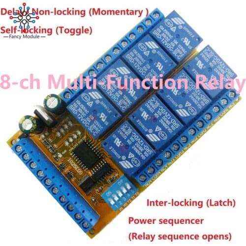 8ch DC 5V 12V 24V DIP Switch Delay Relay Module Flip-Flop Latch Bistable Self-locking Interlock Latch Power Conditioner