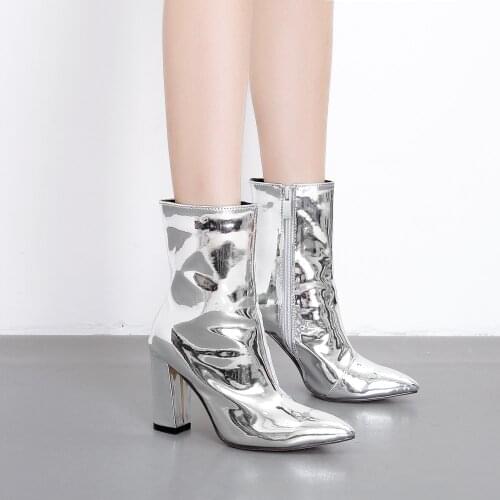 2021 Autumn and Winter New Womens Boots Fashion Mirror Patent Leather Pointed Zipper Thick Heel High Heel Ankle Boots