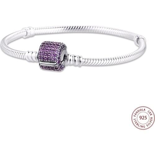 CKK Signature Clasp Bracelet Argent 925 Sterling Silver Purple CZ Charm Bracelet for Women Fine Jewelry Accessories Bijoux