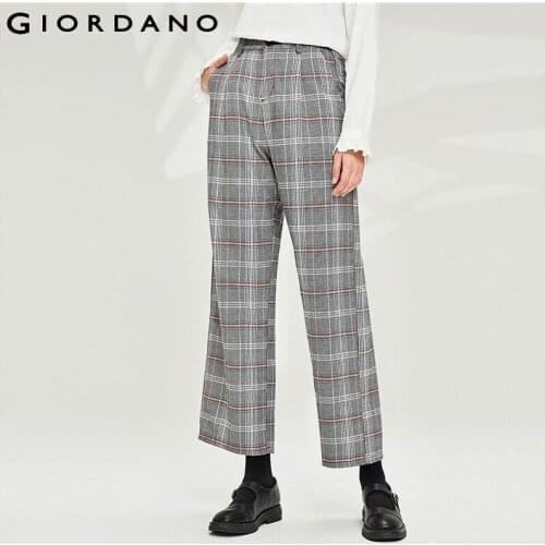 Giordano Women Pants Elastic Waistband Plaid Wide Leg Pants Slant Pockets Zip Fly Casual Spodnie Damskie 13410809
