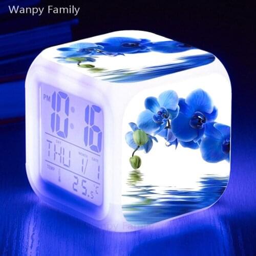 Blue butterfly orchid Alarm Clock LED Multifunction Color Change Alarm Clock For Student Room Electronic Glowing Watches Clock