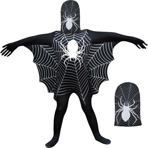 Children Boys Spider Cobweb Print Tight-fitting Hat Carnival Party Role Playing Outfits Halloween Cosplay Costumes Spider Black