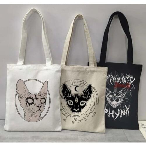 Death Metal Sphynx Cat Canvas Bag Black Metal Witch Gothic Shopping Bag Steampunk Hipster Shopping Tote Sphynx Cat Graphic