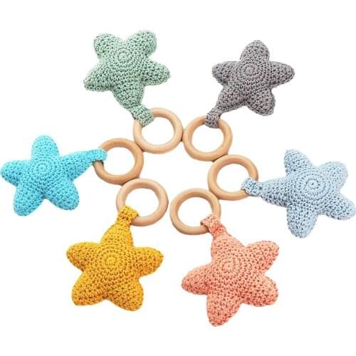 Chenkai 10PCS Crochet Star Nature Wood Ring Pacifier Dummy Teether Grasper DIY Infant Sensory Bite Jewelry Baby Teethering Toy