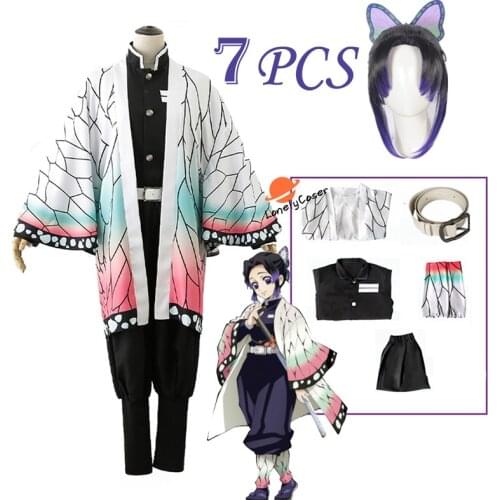 Anime Demon Slayer Cosplay Costume Kochou Shinobu Wig Cloack Top Skirt Headwear Belt Halloween Christmas Party Uniform Unisex
