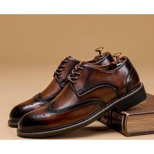 Leather Shoes Mens Full Grain Leather 2021 Fashion Non-slip Wear-resistant Waterproof Brogue Business Dating Party Casual Shoes