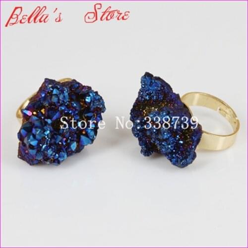 Beautiful Blue Titanium Quartz Druzy Ring Gold Color Bezel Adjustable Ring Quartz Finger Ring Gems Drusy Ring