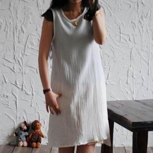 Plus Size Summer Dresses 2020 Brief Solid Women Irregular Dress Casual Round Neck Sleeveless Cotton Linen Dress Loose Vestidos