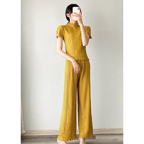 HOT SELLING Miyake fold fashion half TURTLENECK T-shirts + stripe pants two-piece suit IN STOCK