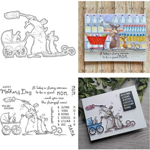 Happy Mothers Day Rats Mom Baby Metal Cutting Dies Matching Clear Stamp DIY Scrapbooking Crafts Card Photo Making New Supplie