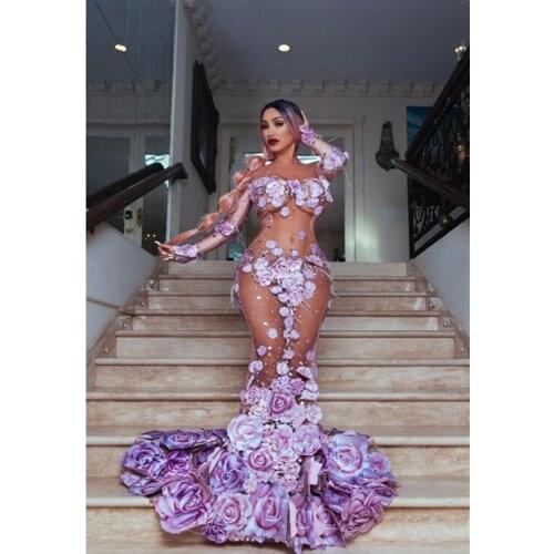 Fashion Pink Floral See Through Long Dress 3D Pattern Mesh Stretch Birthday Party Trumpet Dress Women Singer Performance Costume