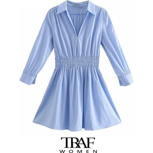 TRAF Za Women Fashion Pleated Striped Mini Shirt Dress Vintage Three Quarter Sleeve Elastic Waist Female Dresses Vestidos