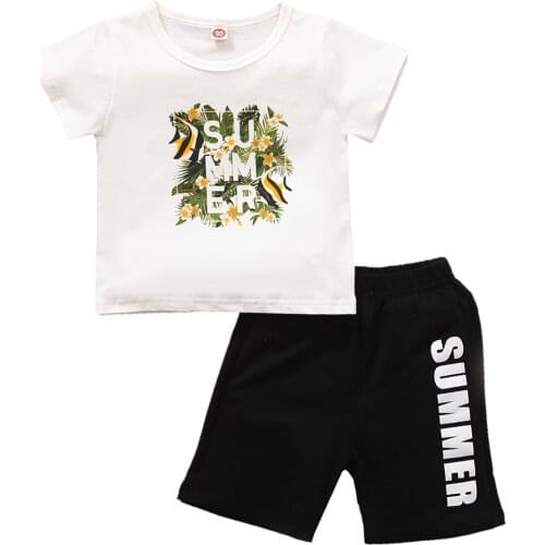 Infant Kids Baby Boy’s 2Pcs Casual Clothes Set, Flower Printed Short Sleeve T-shirt with Elastic Short Sports Pants for Summer