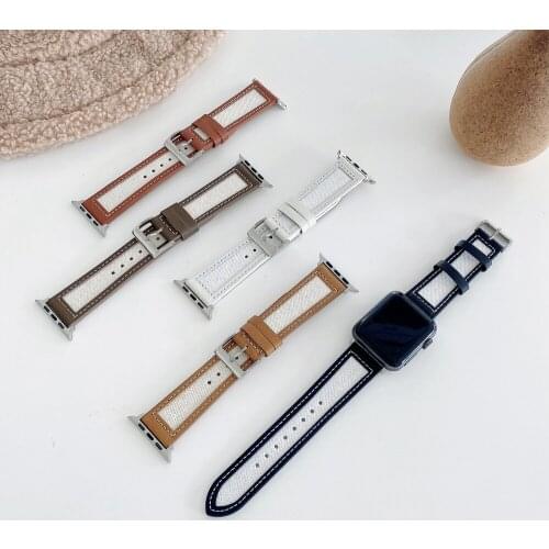 Fashion Korean Style Leather Canvas Hollow out Strap For Apple Watch Band 44mm 40mm IWatch 38mm 42mm Series 5 4 3 6 SE