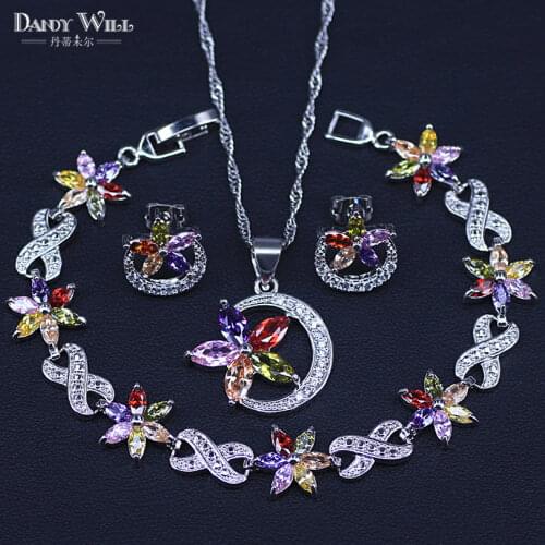 Silver Color Jewelry Multicolor Stones Cubic Zirconia Costume Jewelry Sets For Women Earrings/Pendant/Necklace/Bracelet