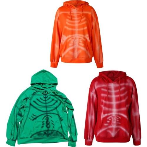 90s Y2K Hoodie Sweatshirt Women Skull Print Hoodies Skeleton Vintage Oversized Long Sleeve Sweatshirt with Pockets