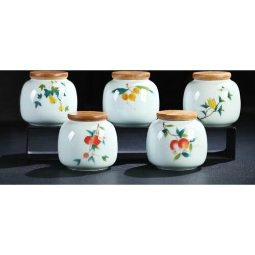 Traditional Chinese Style Solid Color Handpainted Small Ceramic Tea Box Caddy Sealed China Tea Storage Container