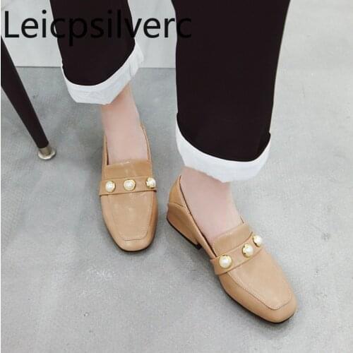 Pumps Spring and autumn new style Fashion Pearl Square head Shallow mouth Thick heel Low-heeled Womens shoes plus size 32-48