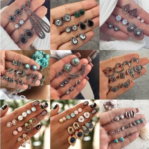 Ethnic Stud Earring 4 5 6 7 9Pairs/Set Alloy Turquoise Flowers Leaves Water Drops Ear Clip Womens Vintage Silver Fashion Jewelry