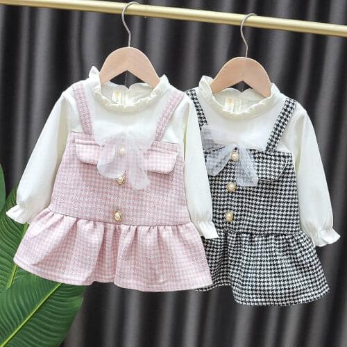 Spring Autumn Childrens Baby Dresses Cotton Long Sleeve Dress Plaid Bowknot Princess Girls Dresses for Baby Girls Clothes 2021