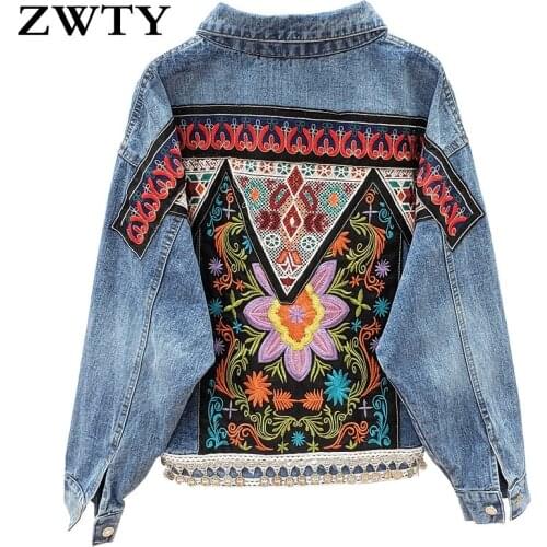 ZWTY Womens Spring Boho Denim for Women Floral Appliques Embroidery Vintage Coat Long Sleeve Outerwear Female Jacket