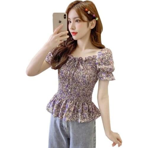 Women Spring Summer Short Style Chiffon Blouses Shirts Lady Casual Low-Cut Slash Neck Blusas Tops ZZ0514