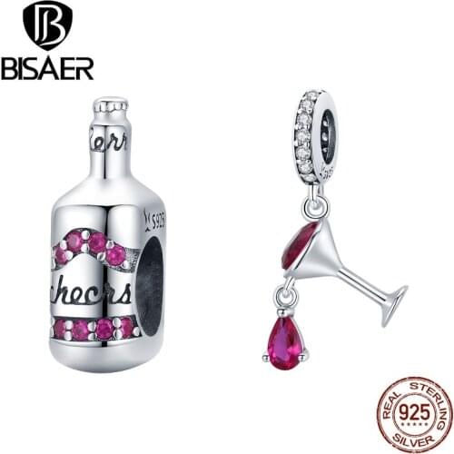 BISAER 100% 925 Sterling Silver Exquisite Beer Bottle Wine Glass Dazzling CZ Charms Beads Fit Women Bracelets Jewelry ECC1996