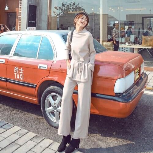 2 piece set women fashion loose half-high collar sweater + wide leg pants temperament suit female chic two-piece autumn new