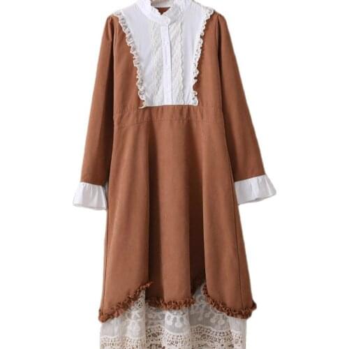 Gothic Japanese Mori Girl Hippie Boho Cute Lolita Lace Patchwork Embroidery Preppy Style Vintage Suede Women Autumn Winter Dress