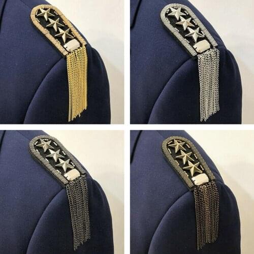 1pair Vintage Five Star Tassel Chain Shoulder Board Badges Metal Medal Fabric on Pin Beads Brooch Military Epaulet Epaulett X5P8