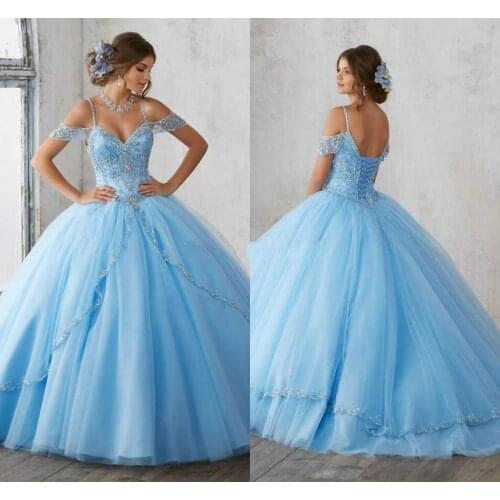2021 Light Sky Blue Ballgown Quinceanera Clothes Hat Sleeves Spaghetti Freeze Crystal Princess Prom Party For Sweet16