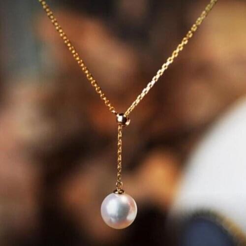 Free shipping 9-10mm Akoya natural seawater pearl Y shape adjustable necklace 18k gold