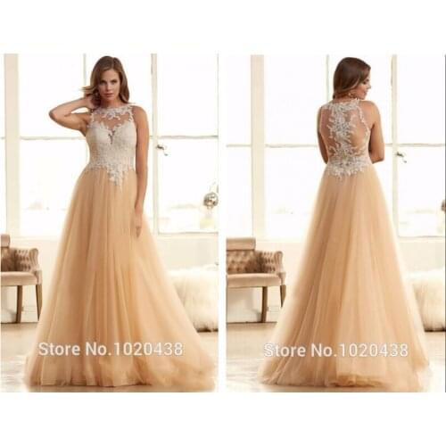 Free Shipping Elegant Long Champagne Tulle Lace appliques bridal gown Back See Through Party Gown cheap 2018 bridesmaid dresses