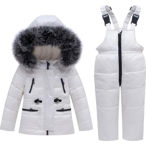 Children Ski Suit Kids Down Jacket And Pants Overalls Sets Real Fur Collar Baby Boys Girls 2-5 Years Snowsuit -30 Degrees Winter