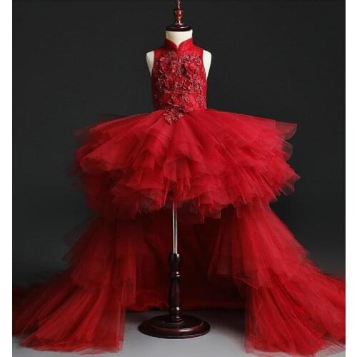 Appliques Tulle Kids Party Evening Gowns Long Trailing Lace Ball Gown Flower Girl Dresses For Weddings First Communion Clothes