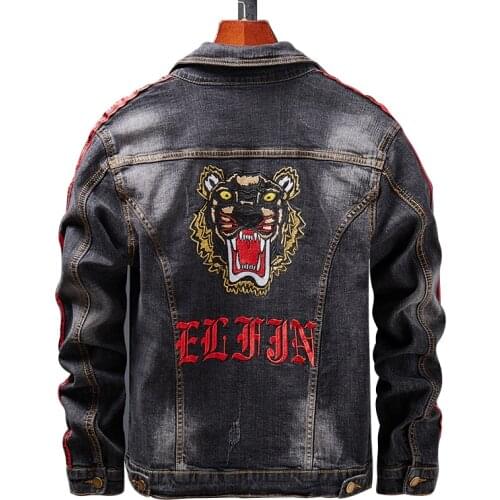 Casual Denim Jacket Mens Cool Fashion Tiger Head Embroidered Streetwear Jacket Long Sleeve Windbreaker Cowboy Male Jean Overcoat