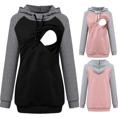 Cotton Pregnant Women Sweatshirt Solid Color Long Sleeve Multifunctional Pregnancy Tops Breastfeeding Clothes Maternity Hoody