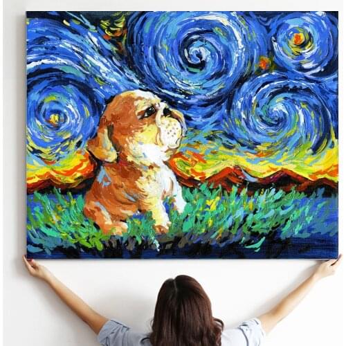 WANGART Pug Art Starry Night Art Print Dog Lover Gift Cute Art Pup Puppy Wooden Scroll Painting Animal Frame Canvas Print Home