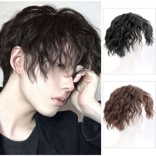 XUANGUANG Short Wig Black Short Corn Wave Black Synthetic High Temperature Wig Mens Wigs for Cosplay Anime Party Daily Wig