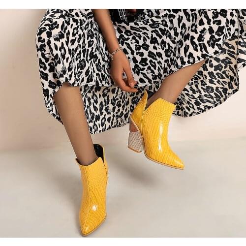 Western Cowboy Boots Women PU Leather Wedges High Heels Slip On Cowgirl Booties Ankle Botas Womens Shoes Yellow Blue