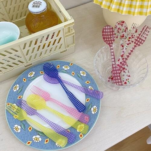 1 Set French Style Retro Plaid Dessert Spoon and Fork Plastic Tea Coffee Mixing Spoon Vintage Drink Tableware Flowers Teaspoons