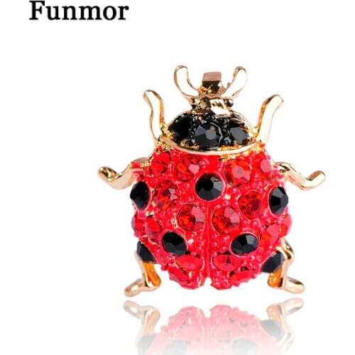 FUNMOR Cute Red Ladybug Brooch Crystal Insect Brooches For Women Kids Collar Clips Coat Shirt Accessories Enamel Corsage Pins