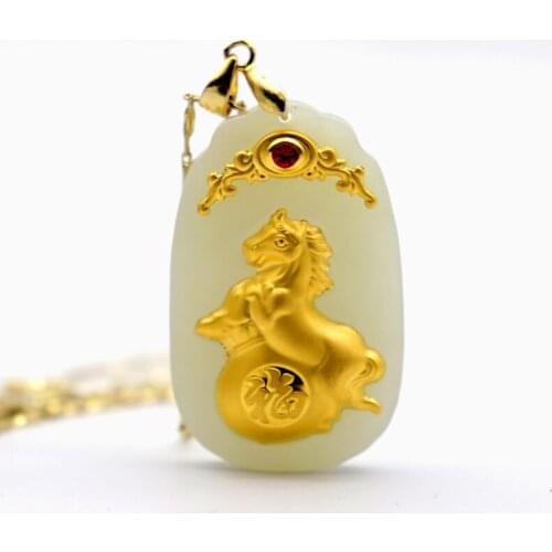 Vogue Men Women Necklace White Hetian Jade 24k Gold Lovely Horse Cornucopia Pendants Fine Jewelry Include Chain Box Bag