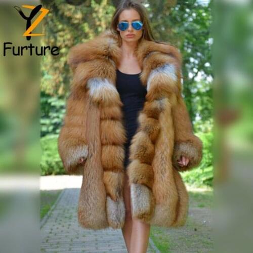 YZ Fashion Red Fox Fur Coats With Big Lapel Women Winter High Quality Warm Genuine Fox Fur Overcoat Long Natural Fur Coat Thick