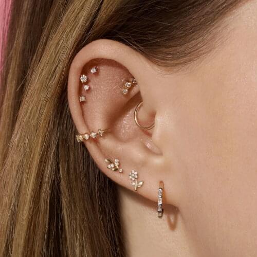 Multi piercing Minimal Delicate women girl tiny stud spring new design cute lovely flower leaves 925 sterling silver earring