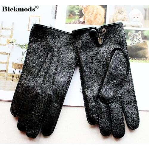 Deerskin Gloves Mens Touch Screen High-Quality Leather 2020 New Hand-Stitched Thin Wool Lining Keeps Warm in Autumn and Winter
