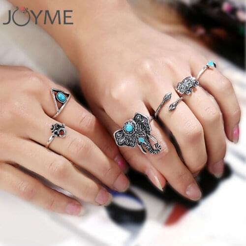 Vintage jewelry new design 6 pcs/ lot rings set antique silver-color blue stone random size snake elephant rings for women