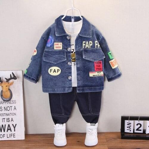 2021 New Toddler Boys Girls Clothing Sets Autumn Winter Kids Infant Handsome Denim Letter Paste Coat+T-shirt+Pants Baby Outfits