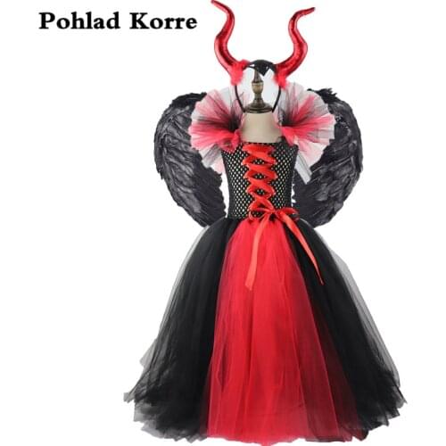 Black Red Evil Witch Queen Girls Tutu Dress Wing Horn Kids Girls Halloween Costume Cosplay Carniva Party Girls Dresses Vestidos