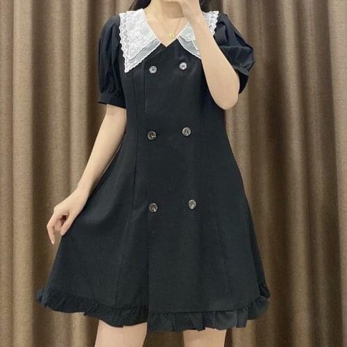 Summer Ruffle Blouse Dresses Women Cute Lace V Neck Short Sleeve Slim Mini Dress Preppy Style Double Breasted A-Line Clothes